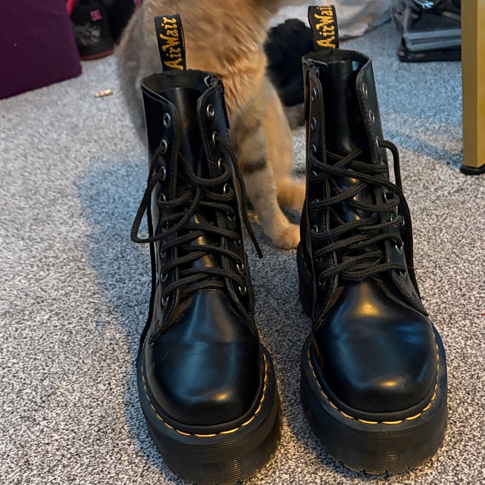 Dr. Martens Black Leather Platform Lace-Up Boots with Yellow Stitching
